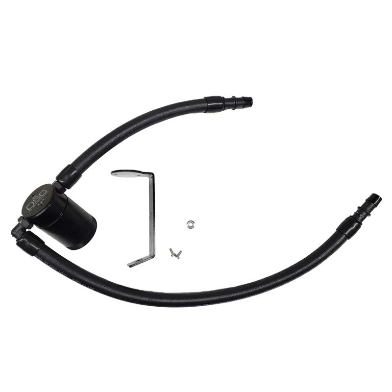 Black anodized J&L Oil Separator 3.0 for 3.6L engines featuring a knurled billet aluminum tank.