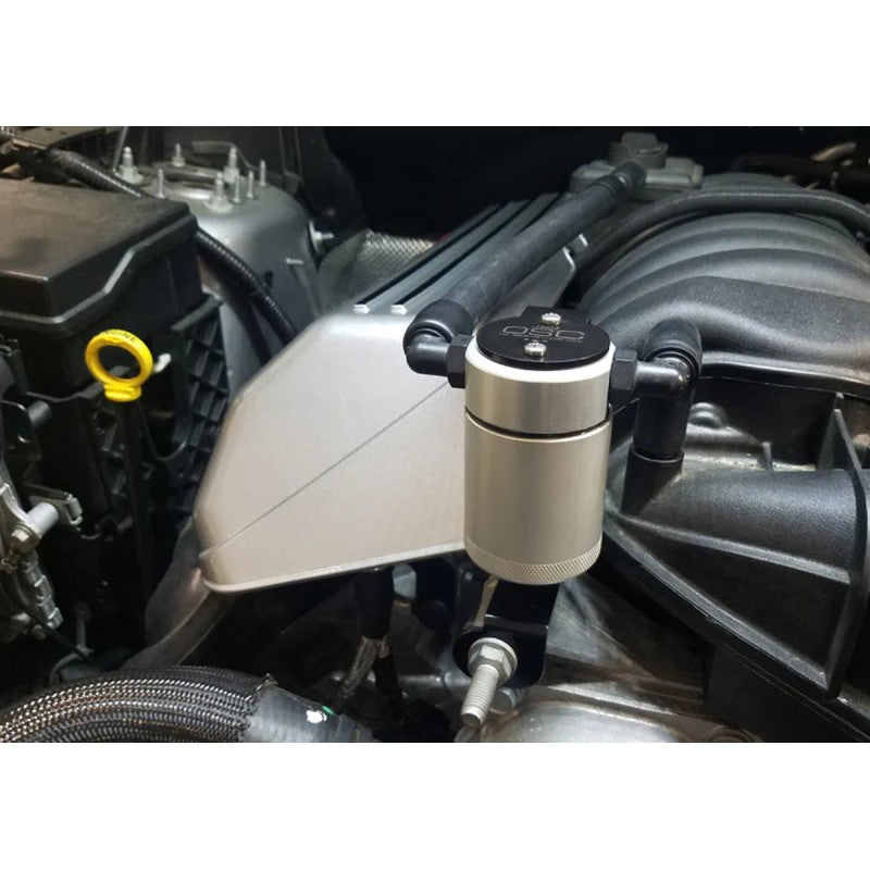 Clear anodized billet aluminum J&L 3.0 passenger side oil separator for 6.4L Hemi engines.