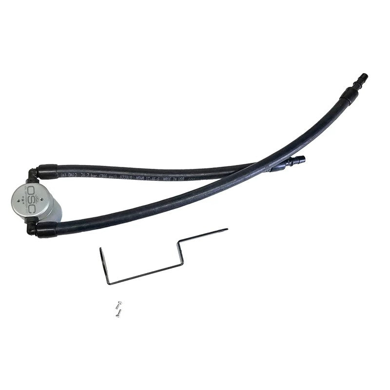 Clear anodized billet aluminum J&L 3.0 passenger side oil separator with knurled reservoir base.