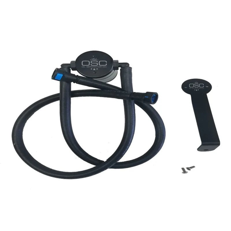 Black anodized billet aluminum J&L 3.0 passenger side oil separator with factory-style quick-connect fittings.