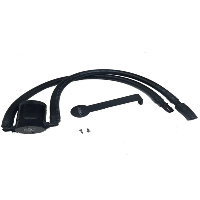 Black anodized J&L 3.0 billet aluminum oil separator with quick-connect PCV fittings for Jeep Wrangler JK 3.6L