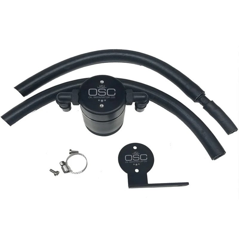 Black anodized billet aluminum J&L Oil Separator 3.0 for Ford Focus ST with knurled base and internal mesh filter
