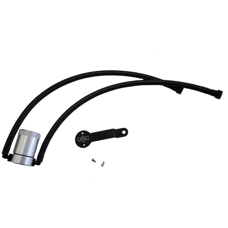 Clear anodized billet aluminum J&L Oil Separator 3.0 with quick-connect hoses for 2014-2021 GM 5.3L trucks.