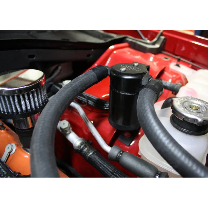Black anodized J&L 3.0 driver side oil separator with quick-connect fittings for 2015-2017 Dodge Hellcat 6.2L.