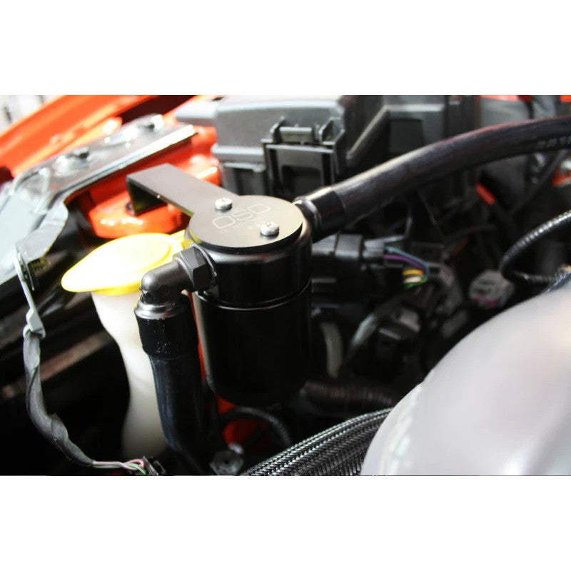 J&L 3.0 passenger side oil separator in black anodized billet aluminum for 2015-2023 Ford Mustang models.