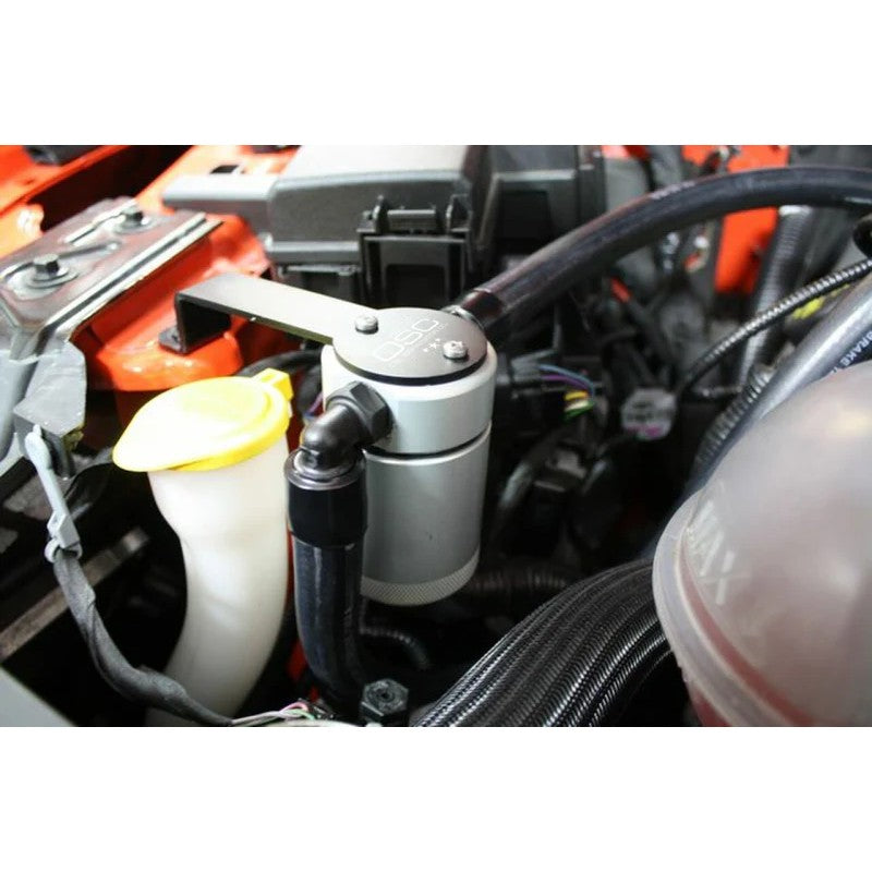 Clear anodized billet aluminum J&L 3.0 oil separator with quick-connect PCV lines for Ford Mustang.