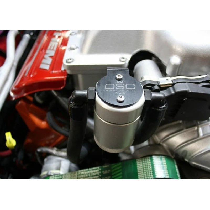 Clear anodized billet aluminum J&L Oil Separator 3.0 with quick-connect PCV fittings for 6.2L Hemi engines
