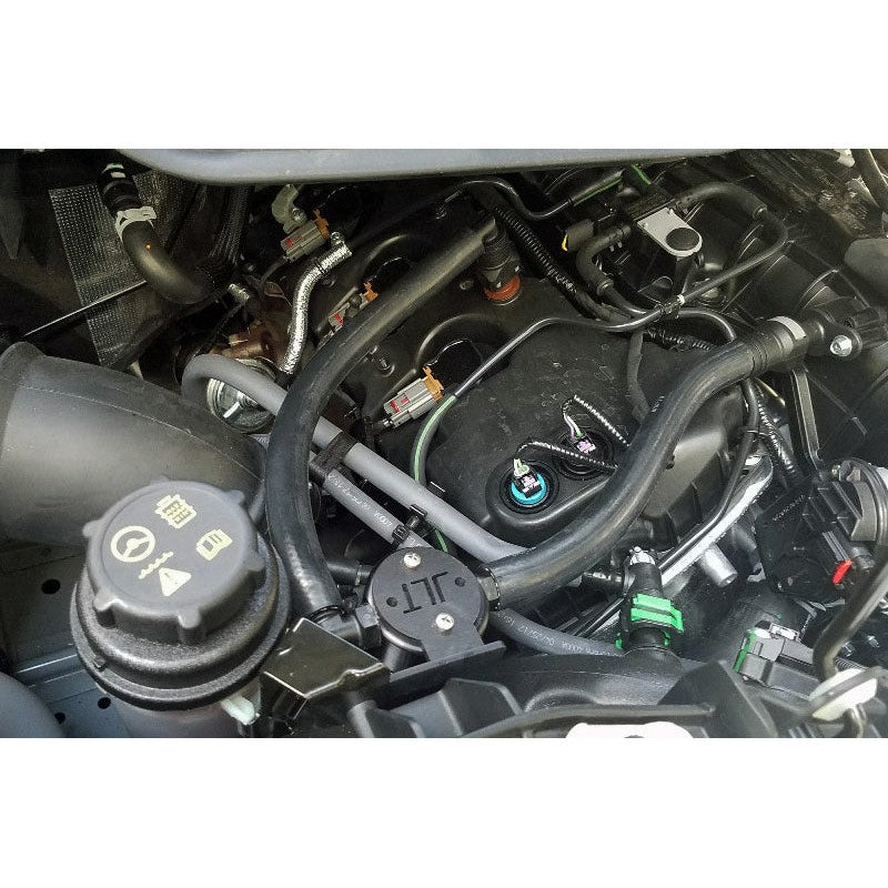 Black anodized J&L Oil Separator 3.0 with quick-connect PCV hoses for 2015-2025 Ford Transit 3.5L EcoBoost.