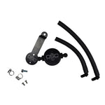 Black anodized billet aluminum J&L 3.0 oil separator for 2016-2023 Toyota Tacoma 3.5L driver side.