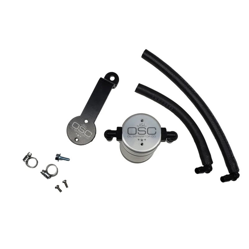 Clear anodized J&L Oil Separator 3.0 driver side kit for 2016-2023 Toyota Tacoma 3.5L.