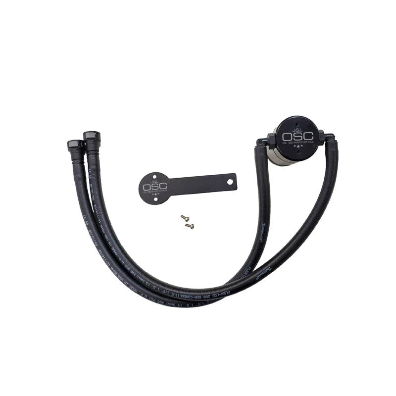 Black anodized J&L 3.0 driver side oil separator with quick-connect PCV fittings for 6.2L Chevrolet Camaro