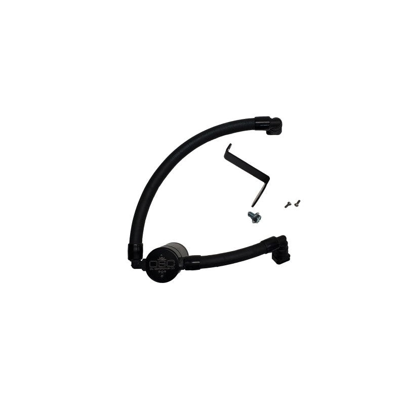 J&L 3.0 black anodized billet aluminum oil separator with quick-connect PCV hoses for Lincoln 3.0L engines.