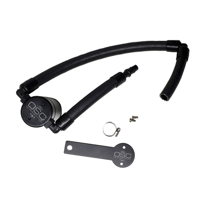 J&L Oil Separator 3.0 in black anodized finish for Kia Stinger 3.3L TT passenger side.