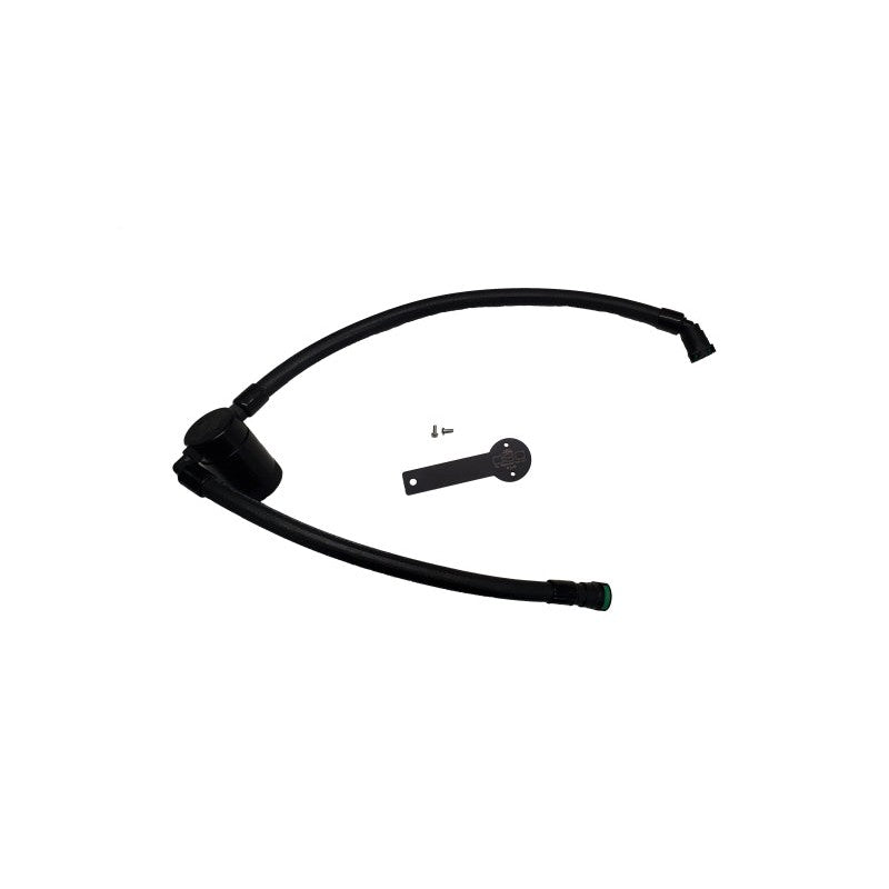 Black anodized J&L 3.0 passenger side oil separator for 2019-2023 Chevrolet Silverado and GMC Sierra 1500 2.7L.
