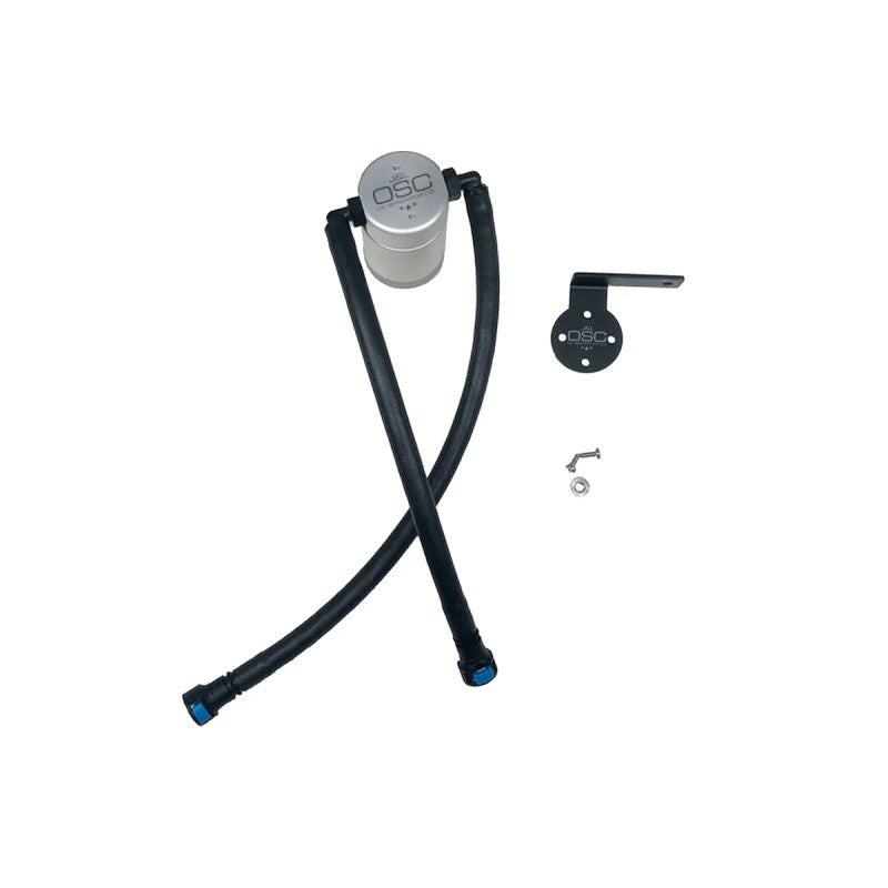 Clear anodized J&L Oil Separator 3.0 with knurled reservoir base and black quick-connect PCV hoses