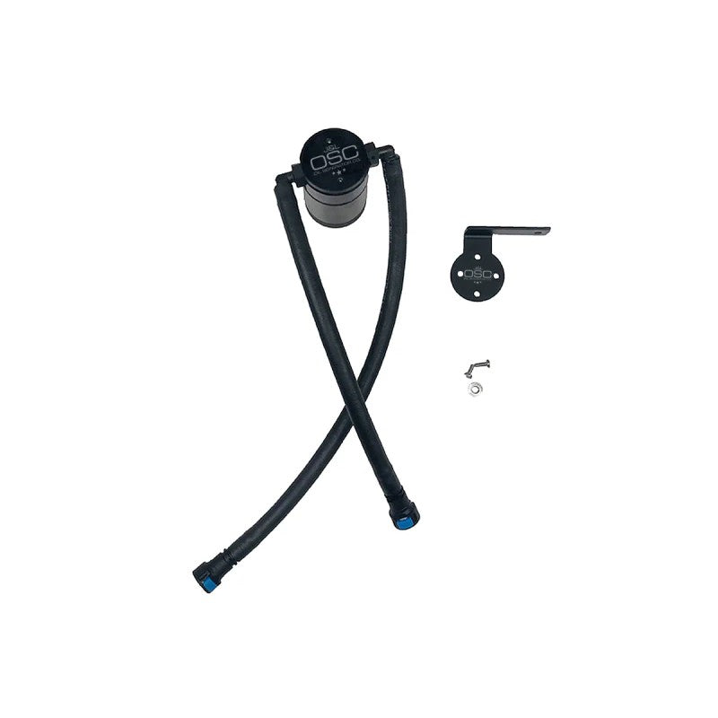 Black anodized J&L Oil Separator 3.0 with quick-connect hoses for 2019-2026 GM 5.3L driver side.