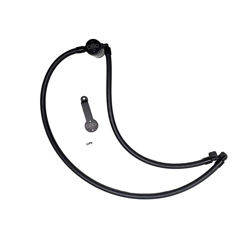 Black anodized billet aluminum J&L Oil Separator 3.0 for Jeep Wrangler 2.0L with quick-connect fittings.