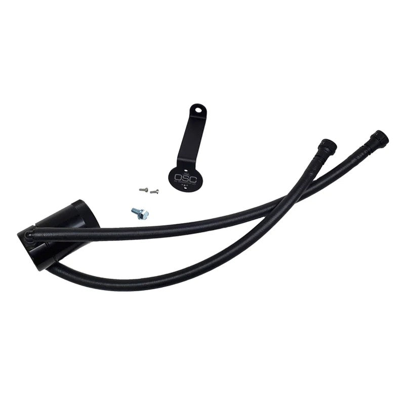 Black anodized J&L Oil Separator 3.0 with billet aluminum body, knurled base, and quick-connect PCV fittings.