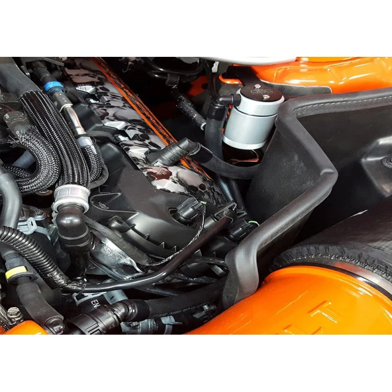 Clear anodized J&L 3.0 driver side oil separator with quick-connect PCV hoses for 2011-2020 Ford Mustang.