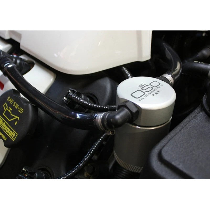 Clear anodized billet aluminum J&L 3.0 oil separator with quick-connect PCV hoses for 2011-2020 Ford Mustang.