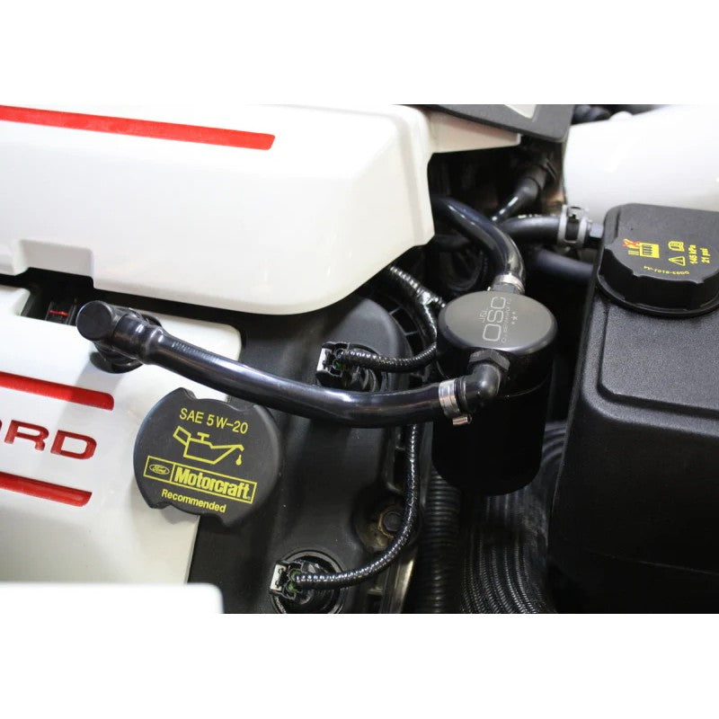 Black anodized J&L Oil Separator 3.0 with quick-connect PCV lines for 2011-2020 Ford Mustang GT and GT350.