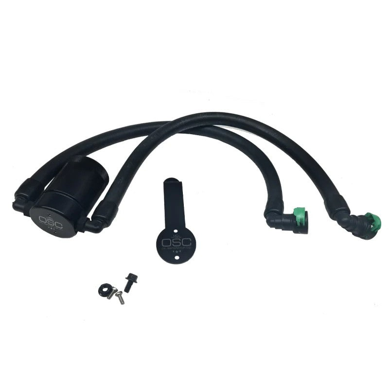 Black anodized J&L 3.0 driver side oil separator with quick-connect PCV hoses for 2015-2023 Ford Mustang EcoBoost.