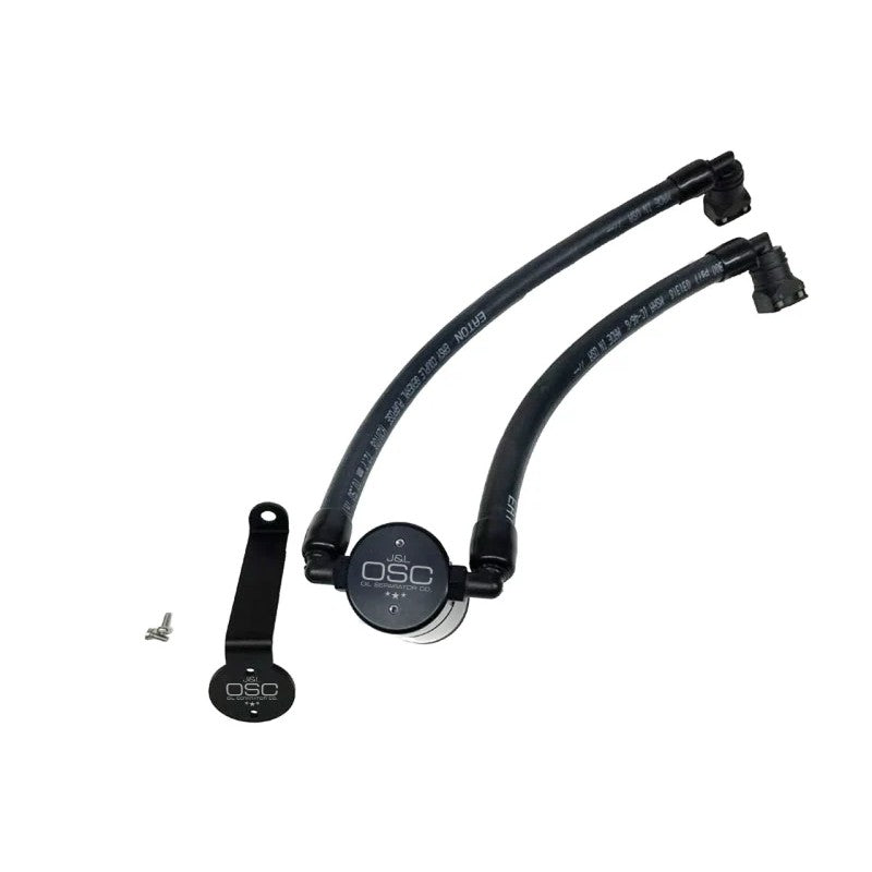 Black anodized billet aluminum J&L Oil Separator 3.0 with quick-connect fittings and braided hoses.