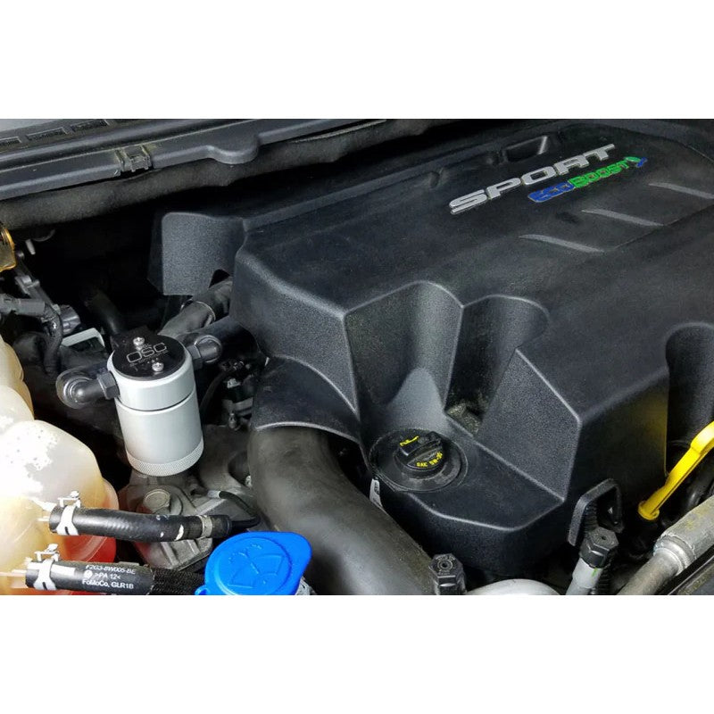Clear anodized billet aluminum J&L 3.0 oil separator tank with quick-connect fittings and knurled base.
