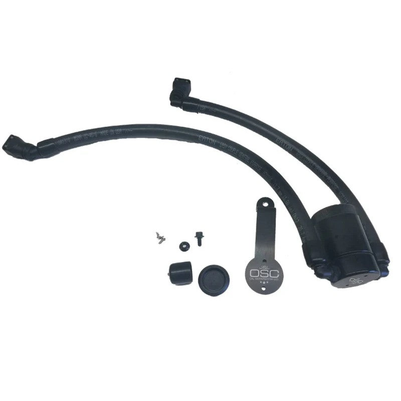 Black anodized billet aluminum J&L 3.0 driver side oil separator with factory-style quick-connect PCV hoses.