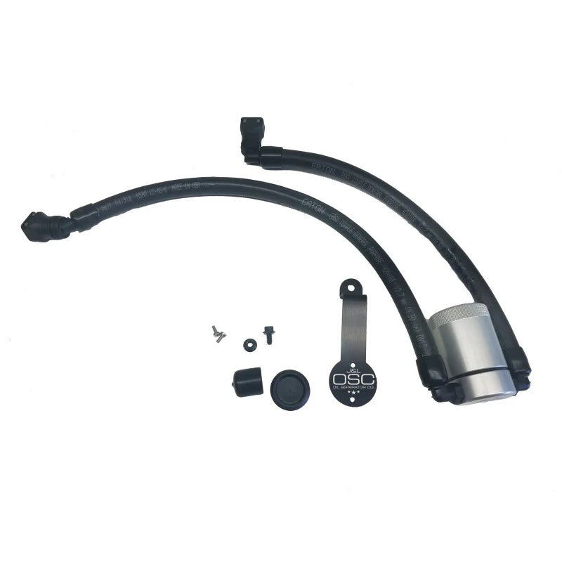 Clear anodized J&L 3.0 driver side oil separator with quick-connect PCV fittings for 2018-2023 Ford Mustang GT