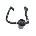 Black anodized J&L 3.0 billet aluminum oil separator with quick-connect PCV hoses for 2018-2023 Ford Mustang GT