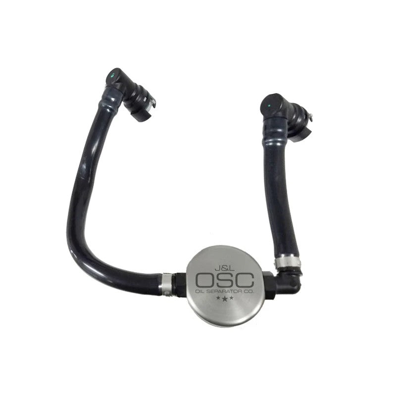 J&L 3.0 clear anodized billet aluminum oil separator with factory-style quick-connect hoses for 2018-2023 Mustang GT
