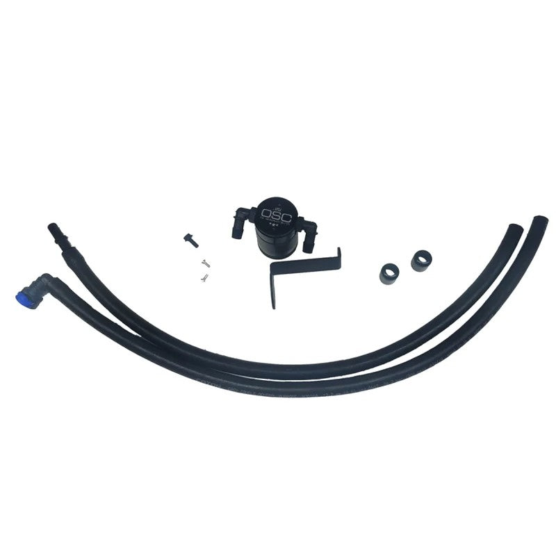Black anodized J&L 3.0 Driver Side Oil Separator for 2019-2024 Ford Ranger 2.3L with quick-connect PCV fittings