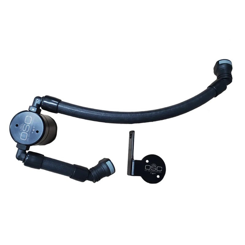 Black anodized billet aluminum J&L 3.0 passenger side oil separator with factory-style quick-connect fittings.