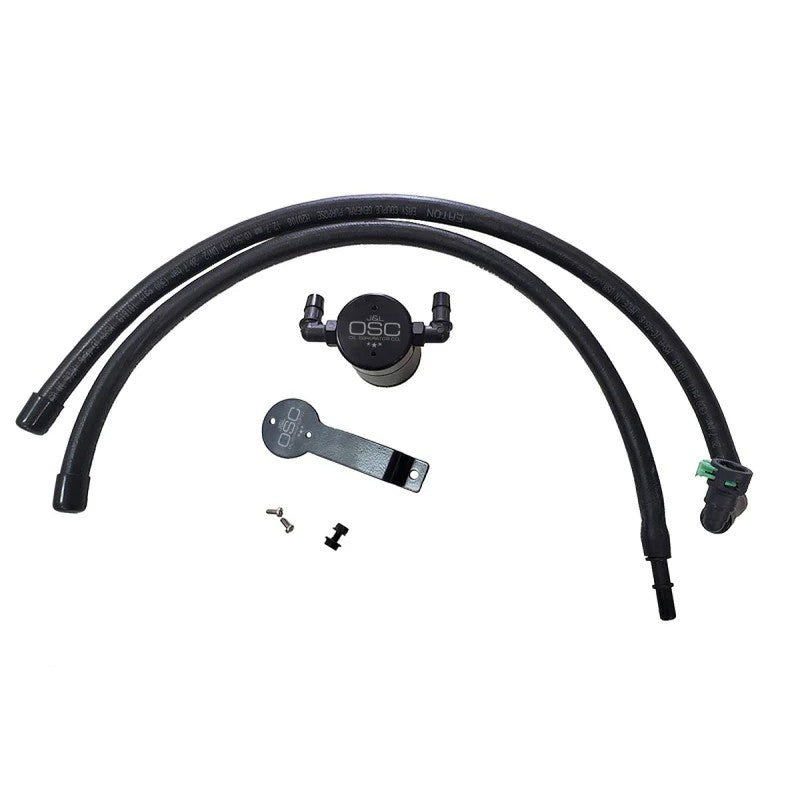 Black anodized J&L Oil Separator 3.0 for 2020-2024 Ford Explorer 2.3L with quick-connect PCV lines