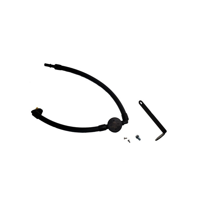 Black anodized J&L Oil Separator 3.0 with quick-connect hoses for a 2021-2024 Ford Bronco 2.3L engine.