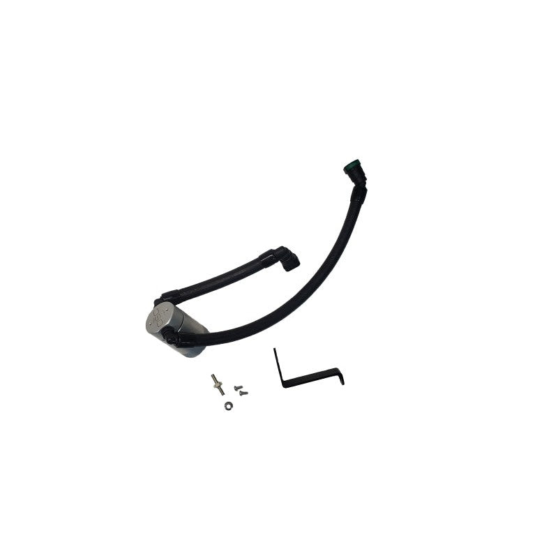 Clear anodized billet aluminum J&L Oil Separator 3.0 with PCV hoses and quick-connect fittings