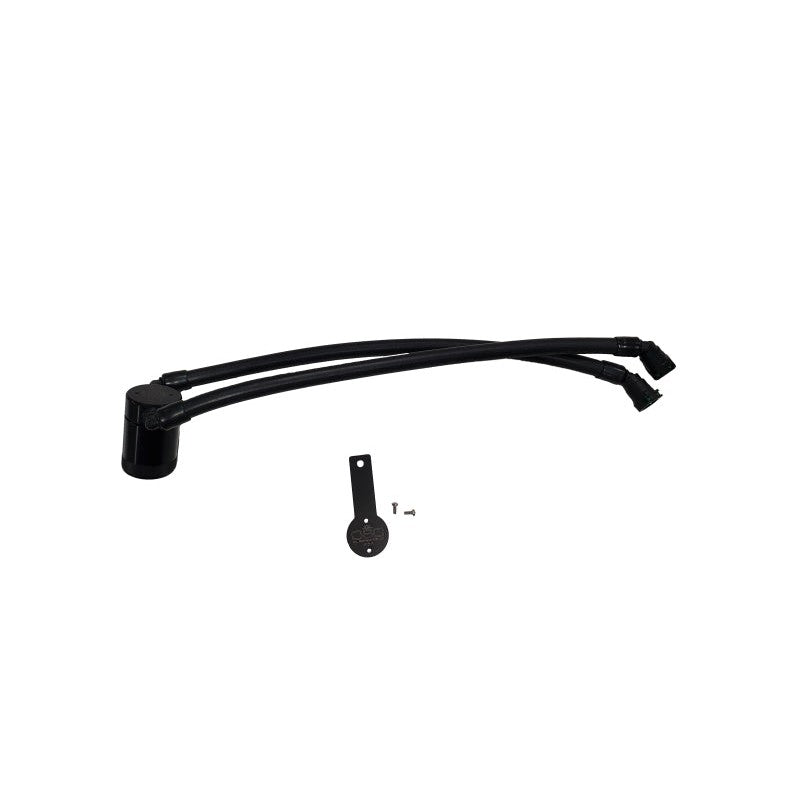 J&L black billet aluminum 3oz oil separator with knurled base and quick-connect PCV fittings.