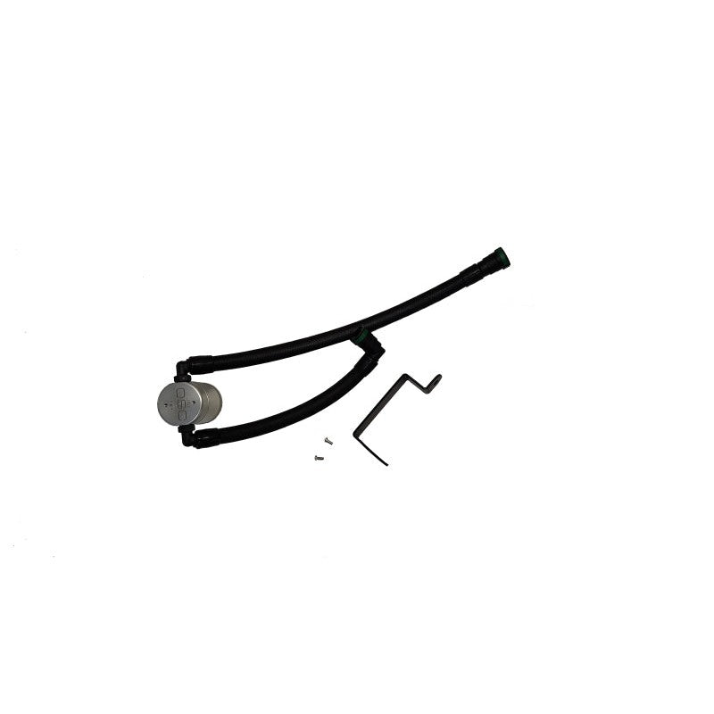 Clear anodized J&L Oil Separator 3.0 catch can with quick-connect PCV hoses for 2025-2026 Ford 2.3L engines.