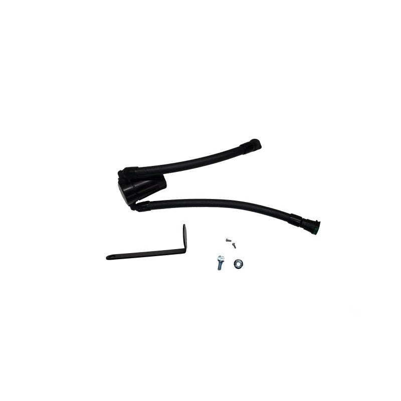 Black anodized J&L billet aluminum oil separator with quick-connect PCV hoses for 2023-2025 Ford F-150 Raptor.