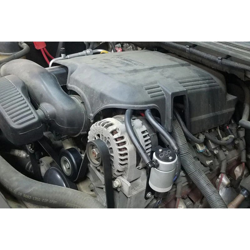 Clear anodized J&L 3.0 billet aluminum oil separator for 1999-2014 GM trucks and SUVs, driver side.
