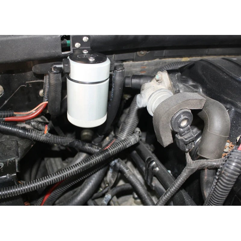 Clear anodized J&L 3.0 passenger side oil separator in milled billet aluminum for 1999-2004 Ford F-150 Lightning.