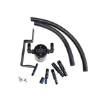 Black anodized billet aluminum J&L 3.0 oil separator for 1999-2004 Ford Mustang GT passenger side.