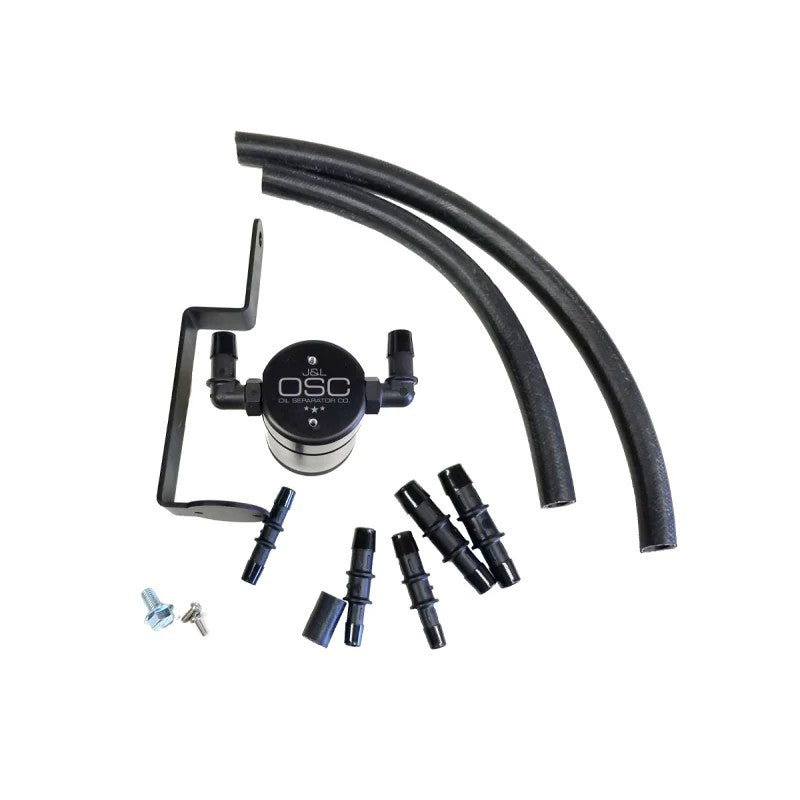 Black anodized billet aluminum J&L 3.0 oil separator for 1999-2004 Ford Mustang GT passenger side.