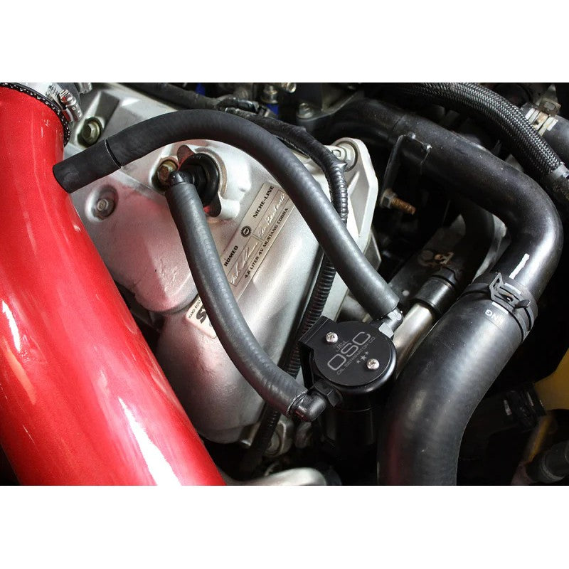 Black anodized J&L 3.0 billet aluminum oil separator with knurled base for 1999-2004 Ford Mustang SVT Cobra and Mach 1.
