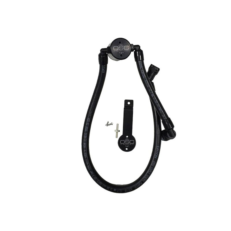 Black anodized J&L Oil Separator 3.0 with quick-connect PCV fittings for 2011-2014 Ford Mustang GT