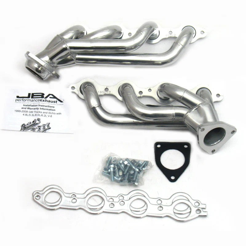 JBA Cat4Ward silver ceramic coated shorty headers with mandrel-bent tubes and Firecone collectors for GM LS engines.