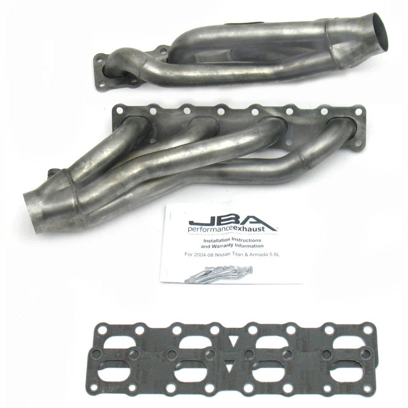 Raw 409 stainless steel JBA Cat4Ward shorty headers for Nissan 5.6L VK56DE engine with 1-5/8 inch primary tubes.