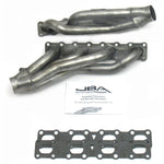 Raw 409 stainless steel JBA Cat4Ward shorty headers for Nissan 5.6L VK56DE engine with 1-5/8 inch primary tubes.