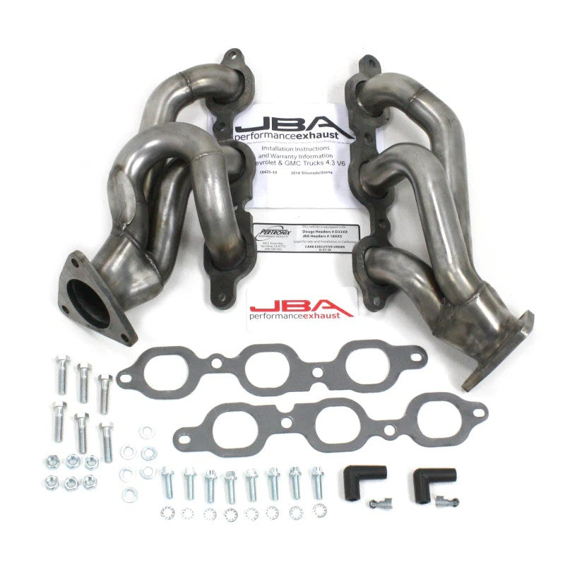 JBA Cat4Ward shorty headers in raw 409 stainless steel for 2014-2020 GM trucks with 4.3L V6 engines.
